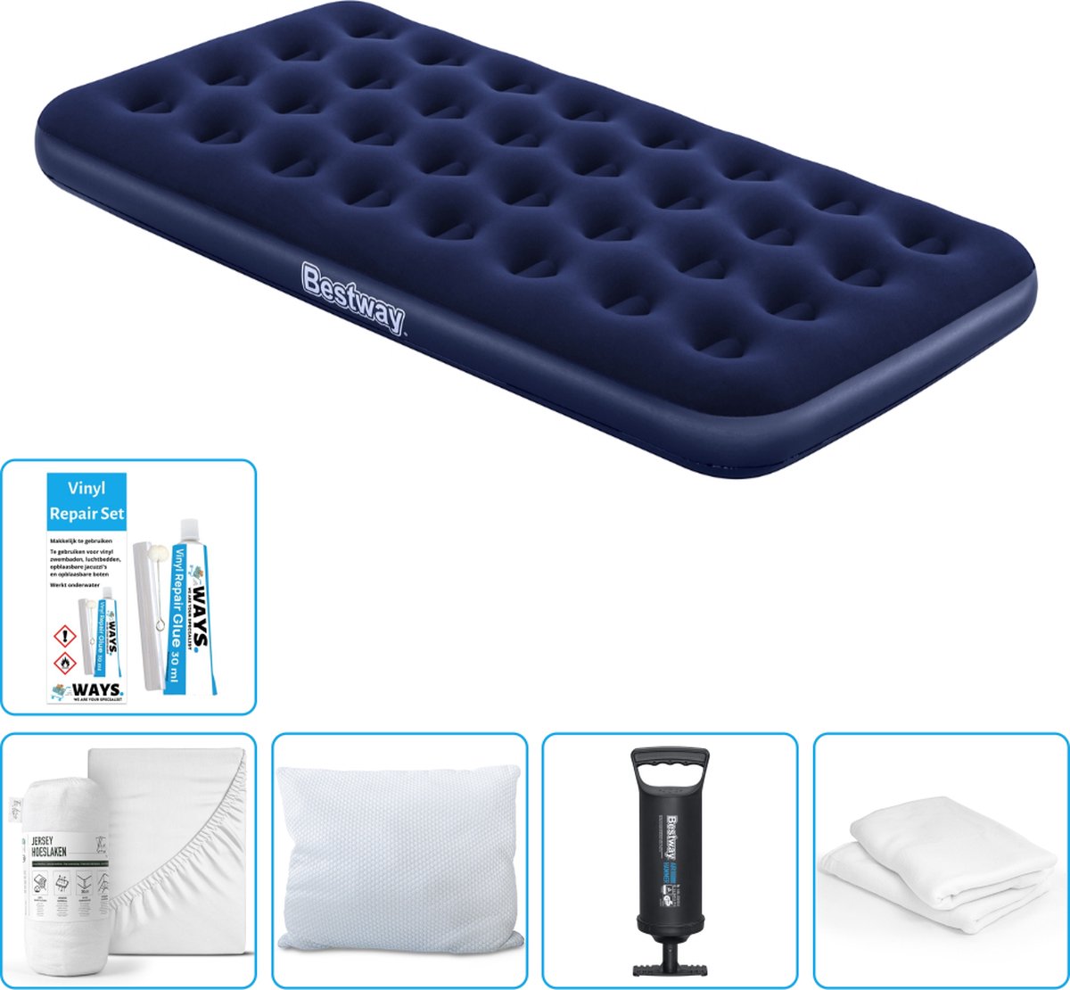 Bestway luchtbed - 1-Persoons - 99 x 188 x 22 cm - Blauw - Inclusief Hoeslaken - Kussen - Kussenbeschermer - Pomp en Reparatieset