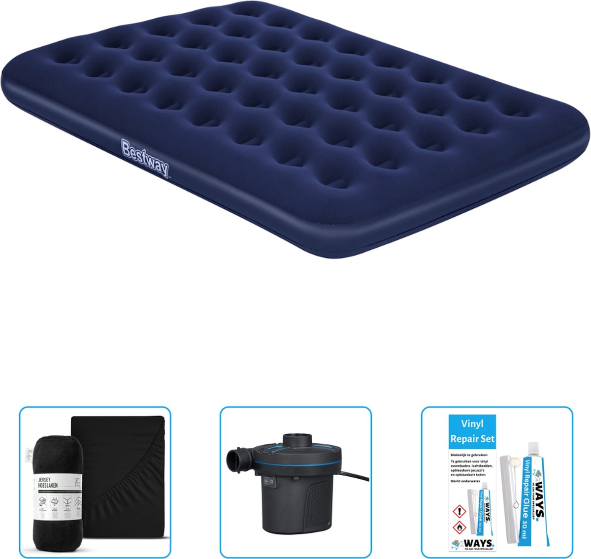 Bestway luchtbed - Twijfelaar - 137 x 191 x 22 cm - Blauw - Inclusief Hoeslaken - Pomp en Reparatieset