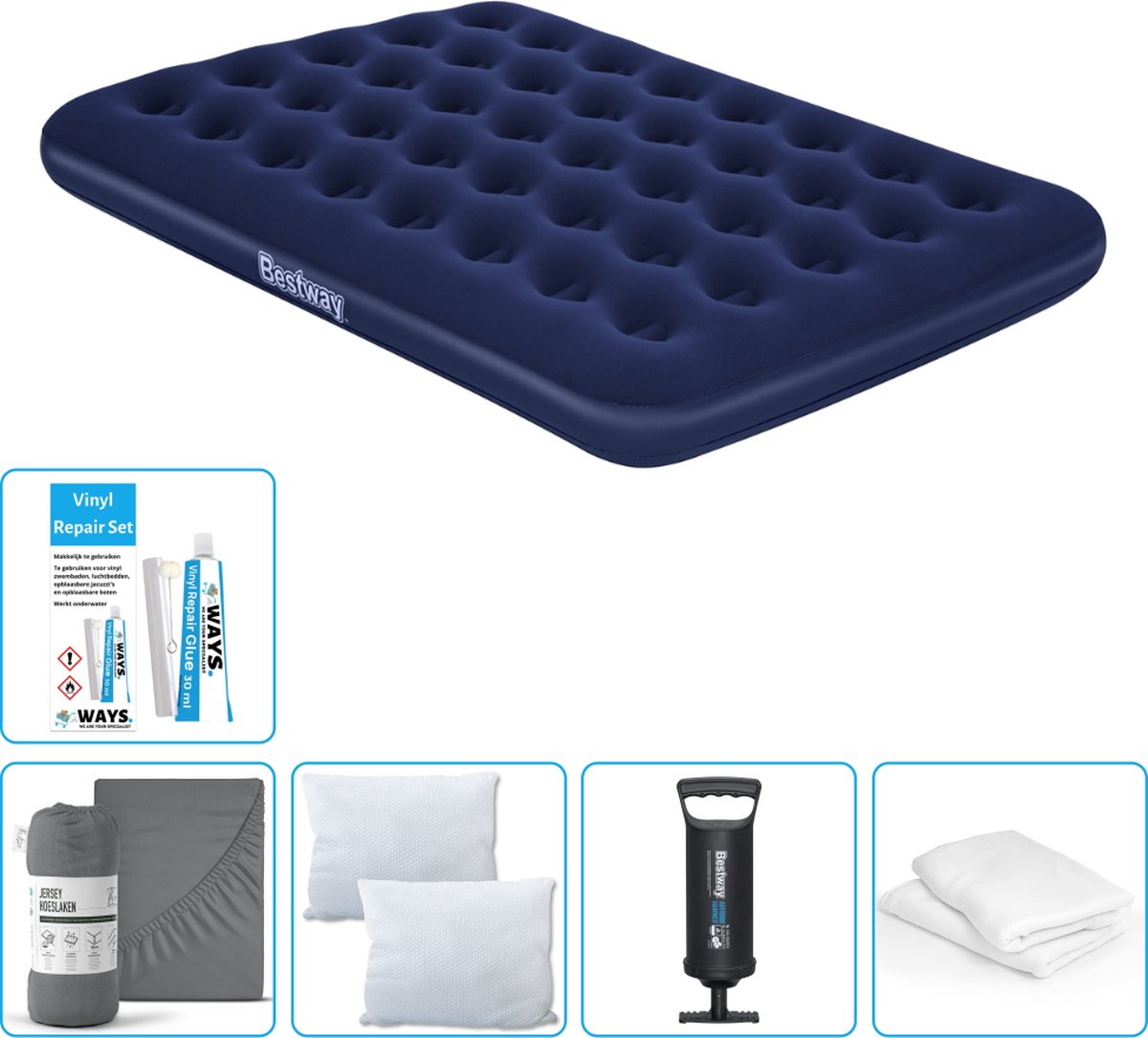 Bestway luchtbed - Twijfelaar - 137 x 191 x 22 cm - Blauw - Inclusief Hoeslaken - Kussen - Kussenbeschermer - Pomp en Reparatieset