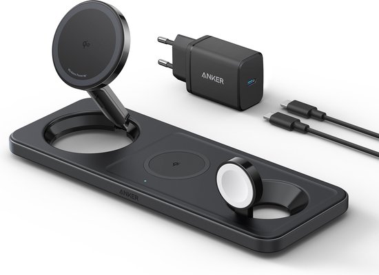 Anker MagGo 3-in-1 Draadloos Oplaadstation – 15W Wireless Charger – Voor iPhone, Apple Watch en AirPods – Qi2-gecertificeerd – Inklapbaar en Compact Ontwerp – Inclusief 40W USB-C Adapter – Zwart