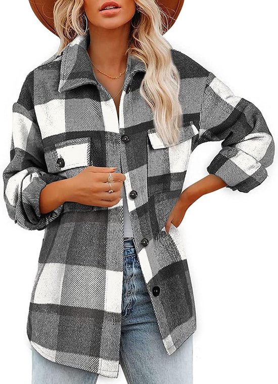 Veste chemise pour femme - manteau à carreaux - Taille L - manches longues - Shacket - manteau - flanelle - chemisier chemise boutonnée
