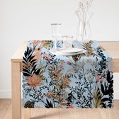Bedrukt Velvet textiel Tafelloper 65x240 cm - Bloemen op lichtblauw - Fluweel - Runner