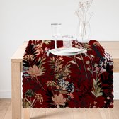 Bedrukt Velvet textiel Tafelloper 65x240 cm - Bloemen op bordeaux - Fluweel - Runner