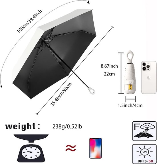 PHIEZC Opvouwbare mini-paraplu, reisparap, zakparaplu, zon- en