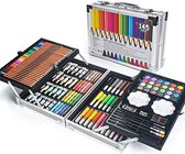 145 TLG verfset, verfdoos, luxe mega aluminium doos & tekenpakket met kleurpotloden, stiften, acrylverf, waskrijtjes, HB-pennen, aquarelcake, penseel, schetsblok voor 18 vellen