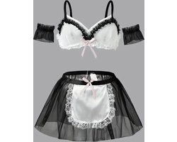 LekkerStout Dienstmeisje Kostuum - Beha, Mesh Rokje & Mouwboorden - Sexy Lingerie | L | ( LS050 )