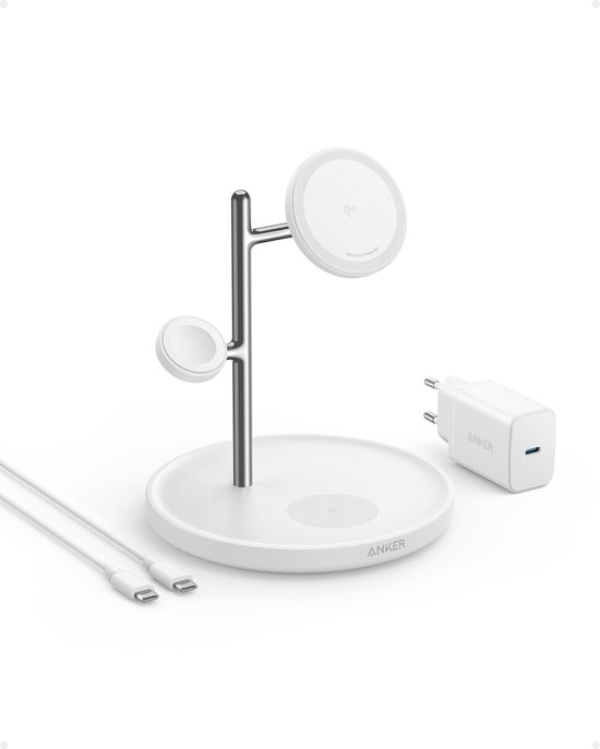 Anker MagGo 3-in-1 Cube Oplader - 15W Draadloos Opladen - Voor telefoons, smartwatches en oordopjes - Wireless Charger - Compact en Opvouwbaar Ontwerp - Inclusief 30W USB-C Adapter - Wit