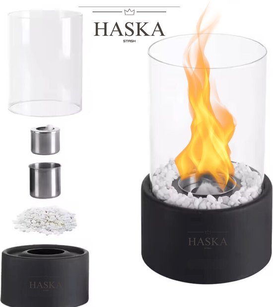 Haska Tafelhaard - Vaderdag - Luxe Sfeerhaard - Bio-ethanol - Tafelhaard Binnen & Buiten - Sfeerhaarden - Inclusief decoratiestenen - Terrashaard - 28 CM - Zwart - 200ML - Cadeau - Pasen