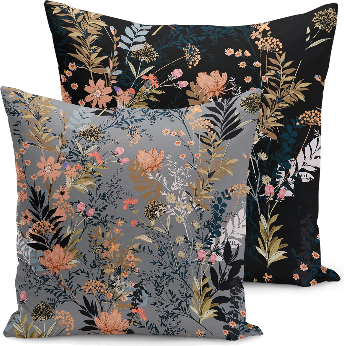 Bedrukt Kussenhoesje Flora -Velvet kussenhoes set van 2 - 45x45 cm - Bloemen op zwart/grijs - Aan beide zijdig bedrukt