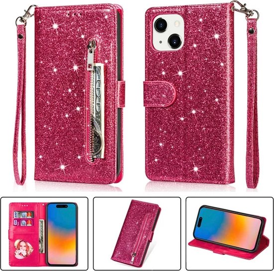 Étui Bookcase à Glitter Adapté pour : iPhone 15 Pro avec fermeture éclair - étui - étui portefeuille - Rose - ZT Accessoires