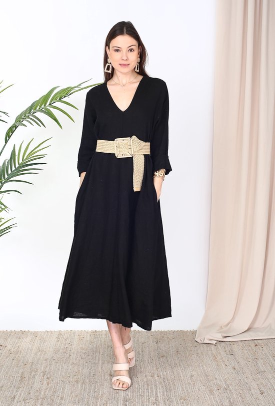 Zwarte Linnen Maxi Jurk Dames – V-Hals – 3/4 Mouwen – One Size