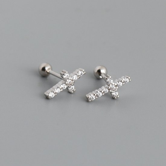 Paragon Cat.925 Sterling Silver Screw Cross Earrings with Zirconia