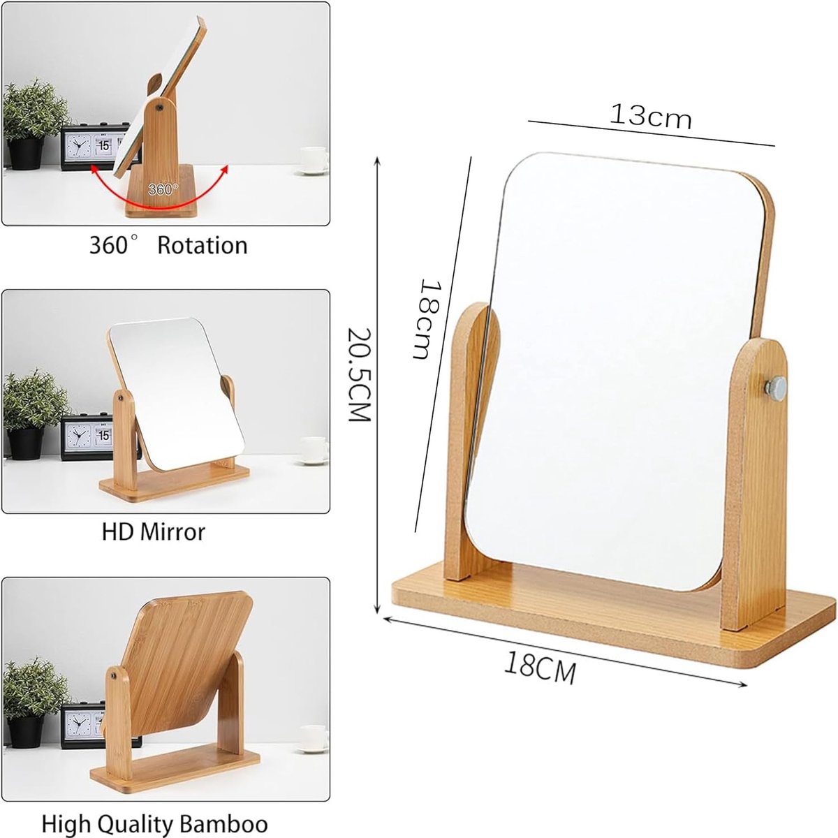 Make-upspiegel, kaptafel, spiegel staand, houten basis, ronde make Make-upspiegel, kaptafel, spiegel staand, houten basis, ronde make