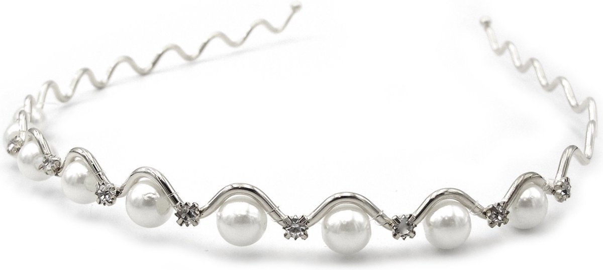 Zilverkleurige diadeem met pareltjes en strass steentjes
