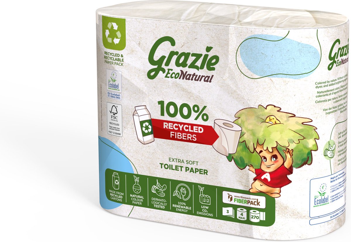 Grazie Natural 3-laags Toiletpapier - Recycled Drankkarton - Vrij van Bleek - Zachtheid - Sterkte - Ecolabel