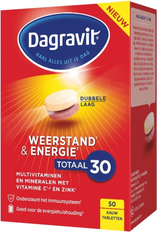Verpakking Dagravit Weerstand & Energie met 30 kauwtabletten. Multivitaminen en mineralen met vitamine C en zink. Nieuw.