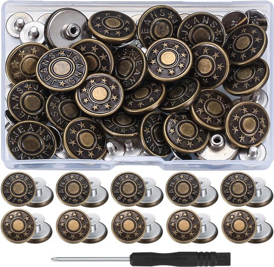Verstelbare broeksknopen, 8 stuks, 17 mm messing jeansknopen, zilverkleurig, verstelbare tailleband op elk moment, broek aantrekken, jeansknoop instoppen, jeansknoop met pin, broeksknopen