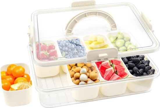Snackbox met vakken, 8 vakken, snackschaal met deksel, snackbord, snackschaal, voor fruit, snoep, noten en snacks, geschikt voor feestjes, reizen, picknicks