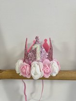 Haarkroon-haarband-verjaardagskroon-prinses-verjaardag-eerste verjaardag-1 jaar-cakesmash-fotoshoot-roze-glitters