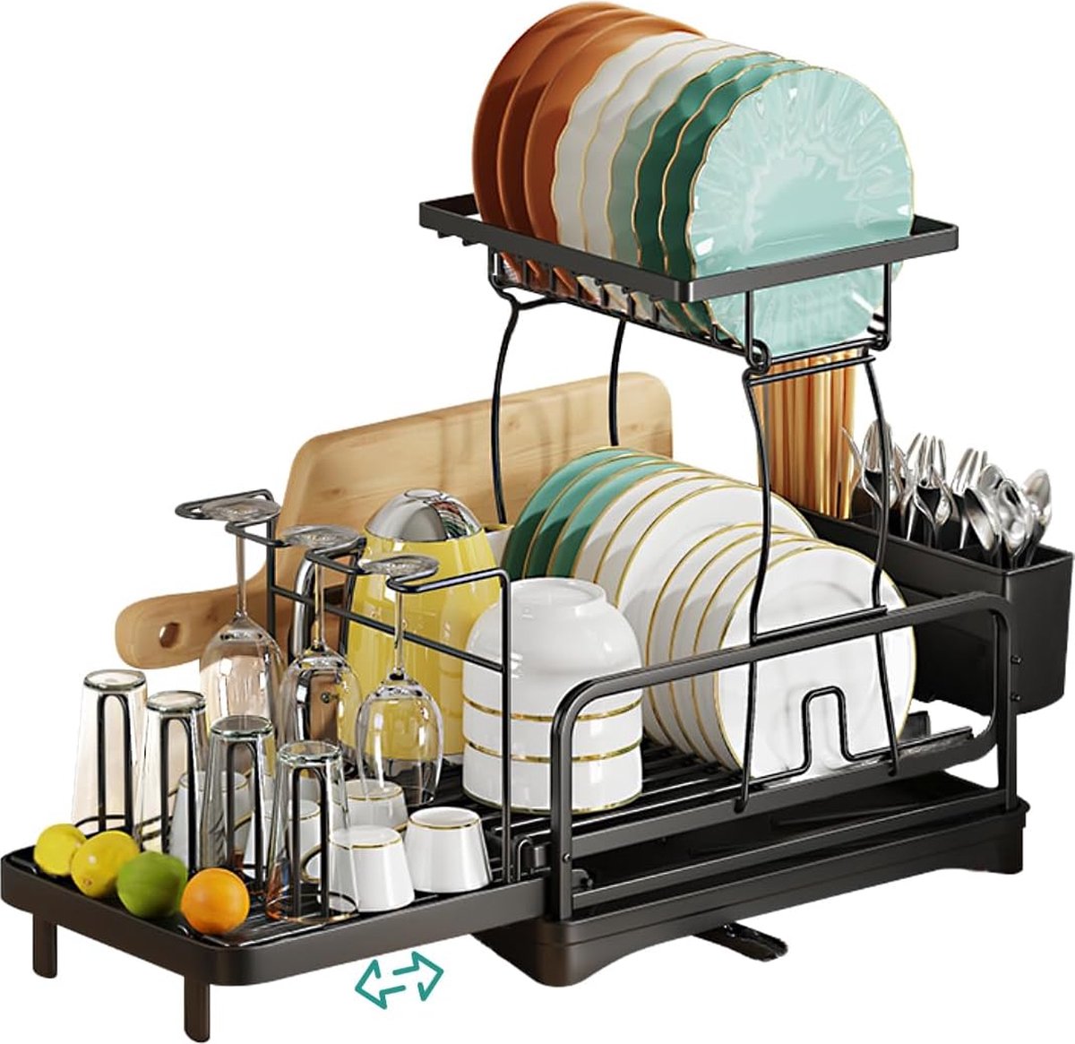 Goedkoopste Uitbreidbaar afdruiprek, afdruiprek, roestvrij staal met draaibare uitloop en bestekhouder, afdruiprek, afdruiprek, afdruiprek voor aanrecht, zwart