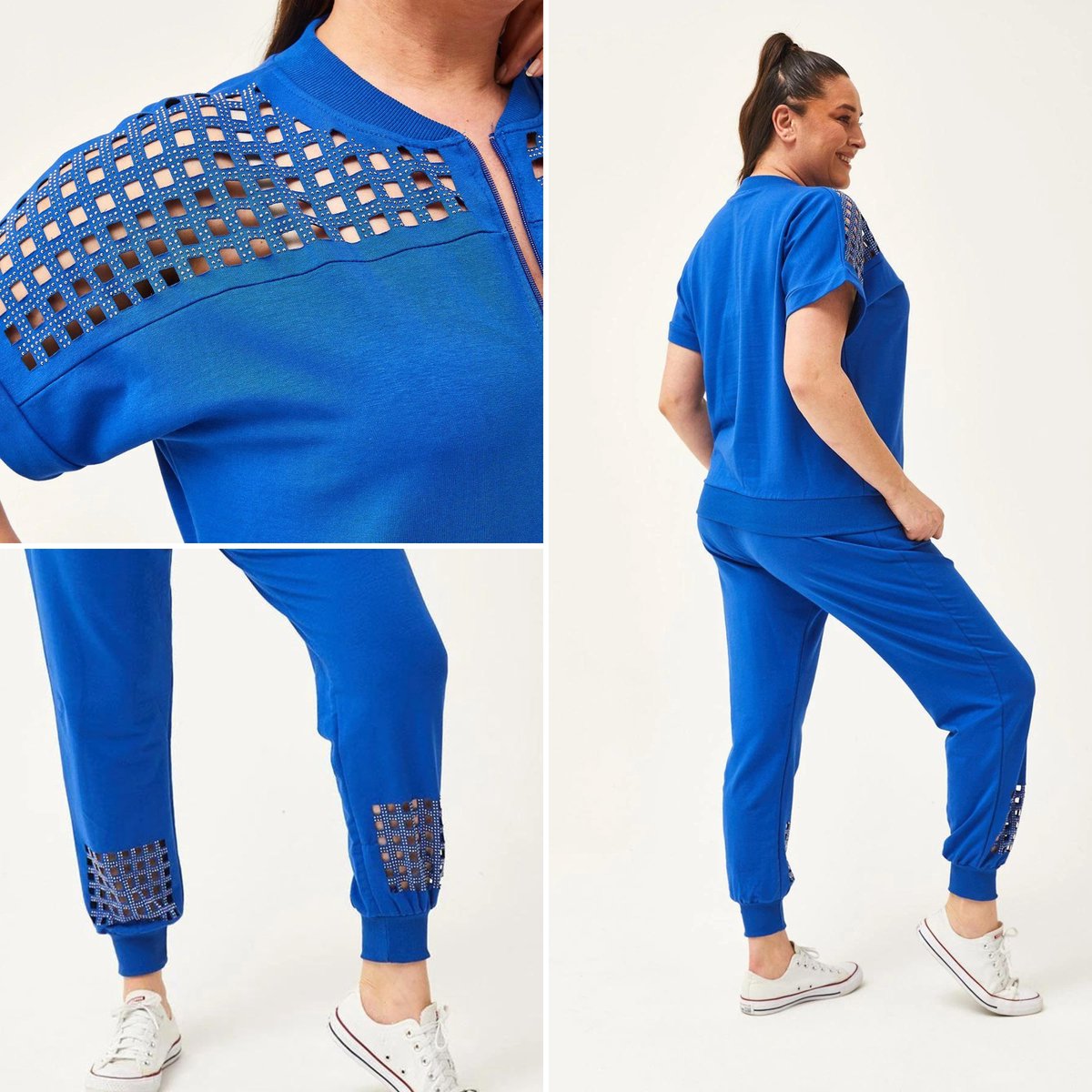 Dames Large Trainingspak met Transparante Snede en Steendruk - Blauw Fitnesspak L Tracksuit