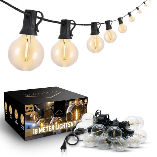 Homezie Lichtsnoer | 18 meter met 32 kunststof LED bulbs | Inclusief 3m verlengkabel met dimmer | Warm wit | Waterdicht | Koppelbaar & Dimbaar