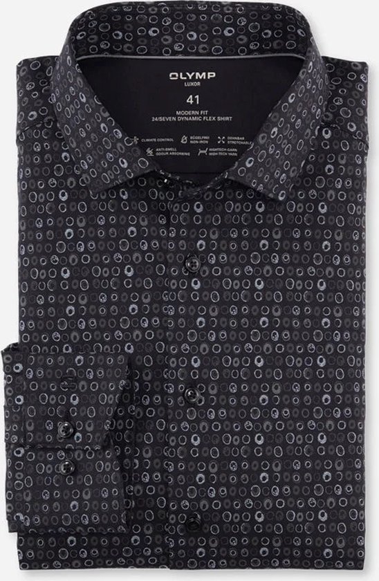 OLYMP 24/7 modern fit overhemd - twill - zwart met grijs en wit dessin - Strijkvriendelijk - Boordmaat: 44