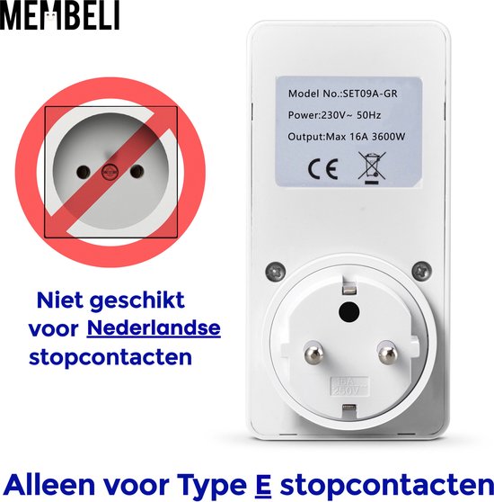 Witte digitale tijdschakelaar, type E, met een "niet geschikt voor Nederlandse stopcontacten" waarschuwing en specificaties.