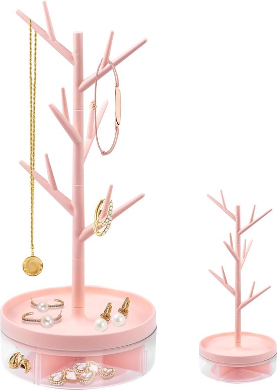 Draaibare oorbel met opbergdoos, afneembare kettingstandaard, organizer, sieraden voor het opbergen van halskettingen, armbanden, ringen en oorbellen, roze