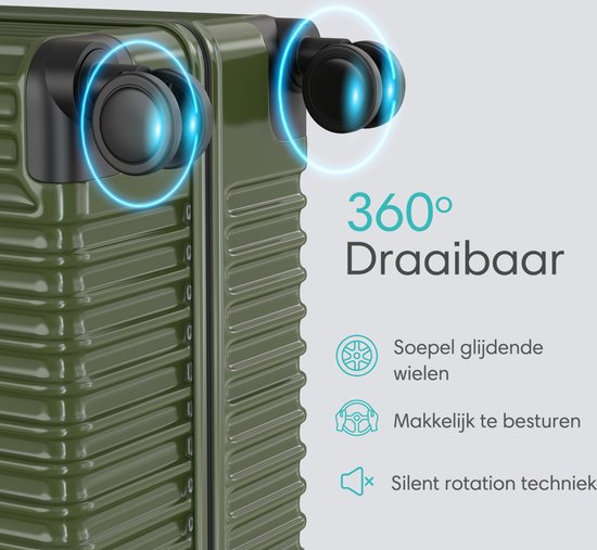 Close-up van de 360° draaibare spinnerwielen van een olijfgroene koffer. Tekst "360° Draaibaar" en "Soepel glijdende wielen".