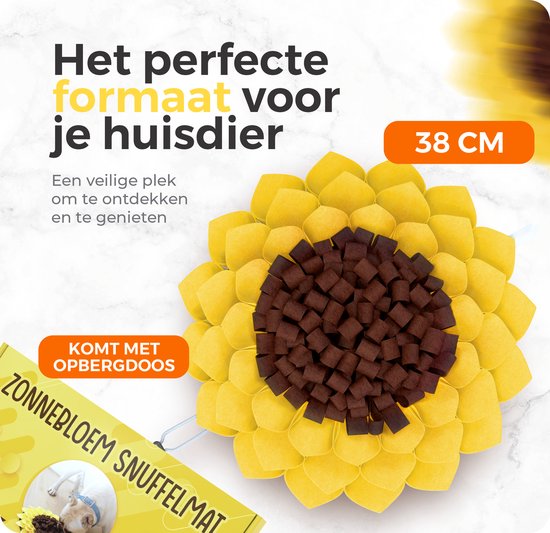 Gele en bruine zonnebloem snuffelmat van 38 cm, met de tekst 'Het perfecte formaat voor je huisdier'. Inclusief opbergdoos.