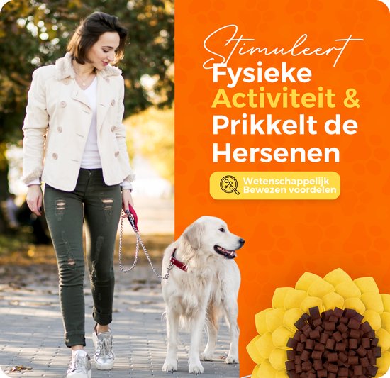 Vrouw met hond aan de lijn tijdens een wandeling. Een zonnebloem snuffelmat met het opschrift 'Stimuleert Fysieke Activiteit & Prikkelt de Hersenen'.