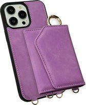 CaseMania Backcase hoesje geschikt voor iPhone 15 - Effen Paars - Kunstleer - met Nekkoord, Wallet en Spiegeltje
