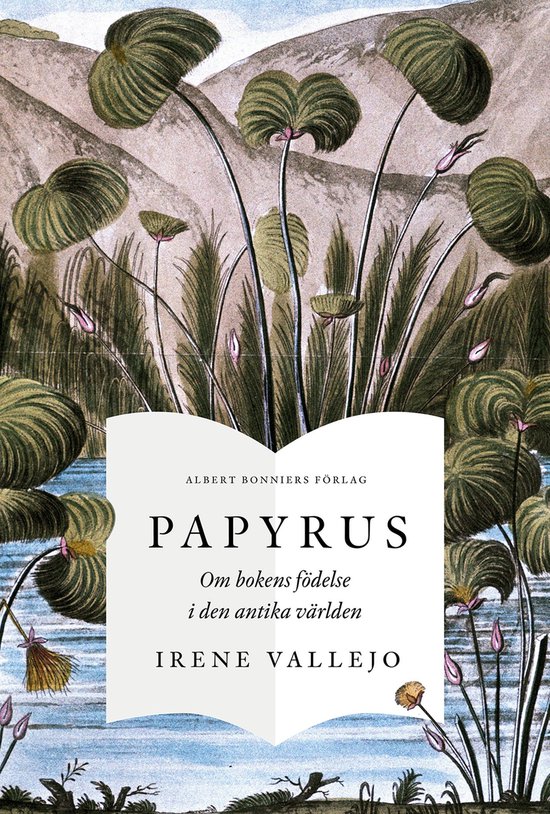 Boekomslag getiteld Papyrus door Irene Vallejo, met een illustratie van papyrusplanten langs een rivier en heuvels.
