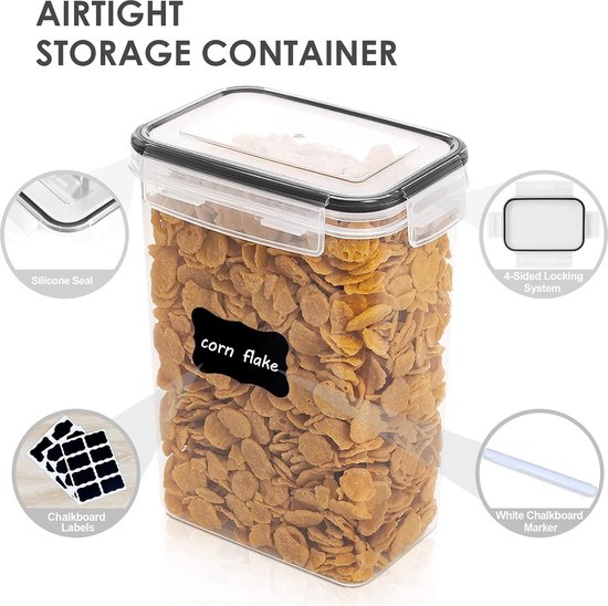 Vtopmart Voorraaddozenset, muesli, voorraaddozen en vershouddozen, BPA-vrij kunststof, luchtdicht, droogvoercontainer, set van 9, 24 etiketten voor granen, meel, suiker enz. (zwart