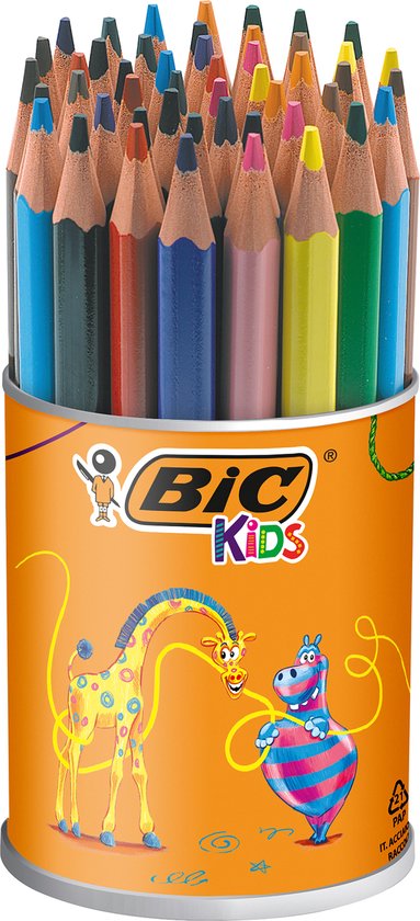 Blik met BIC Kids potloden in verschillende kleuren, met een giraffe en nijlpaard erop.