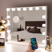Bluetooth Make-upspiegel met Verlichting 15 LED-lampen Hollywood Spiegel met USB Oplaadpoort 3 Kleurtemperaturen Grote Make-upspiegel voor Tafelspiegels of Wandspiegel