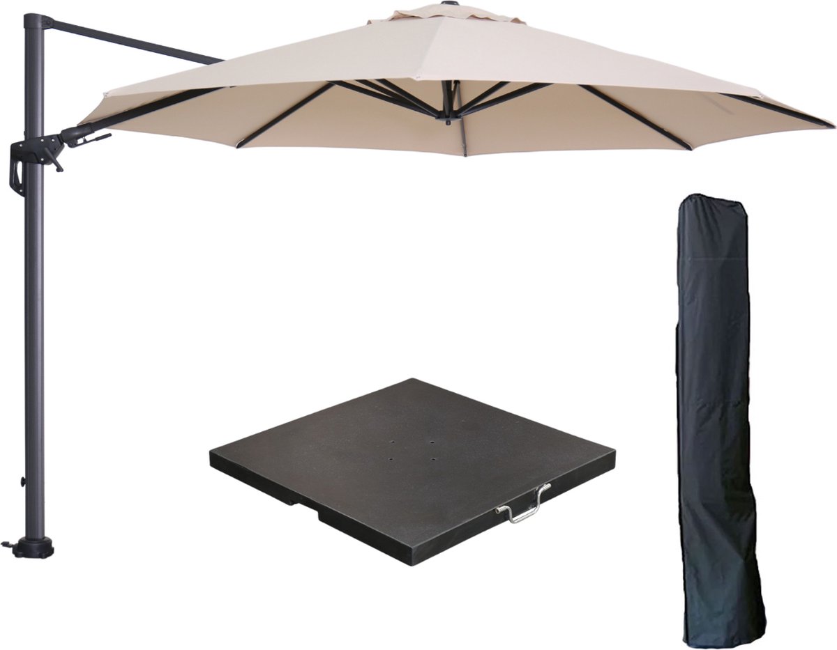 Garden Impressions Hawaii zweefparasol Ø350 cm carbon black ecru met 90kg black polished parasolvoet en parasolhoes