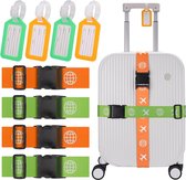 4 stuks kofferriemen, premium kofferband met 4 kofferlabels, verstelbare antislip bagageband, lange kofferriemset, voor koffer (groen en oranje)