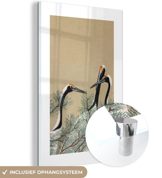 Peinture sur Verre - Japandi - Grue - Feuilles - Branche - 60x90 cm - Peintures sur Verre Peintures - Photo sur Glas