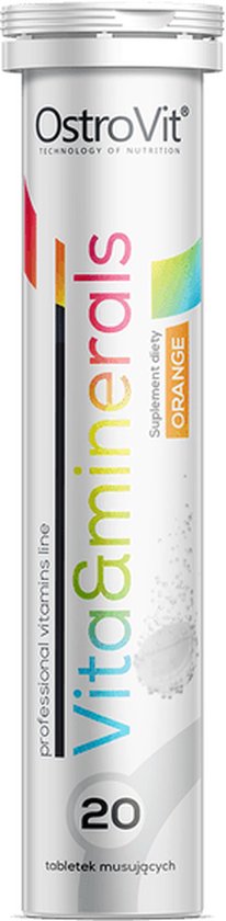 Tandpasta-achtige verpakking met OstroVit logo, 'Vita&Minerals' en 'ORANGE' tekst. Bevat 20 tabletten.