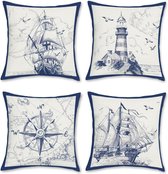 Set van 4 kussenslopen, nautisch zeilboot, kompas, 45 x 45 cm, polyester, linnen, decoratieve kussenhoezen, voor bank, slaapkamer, woonkamer, woondecoratie