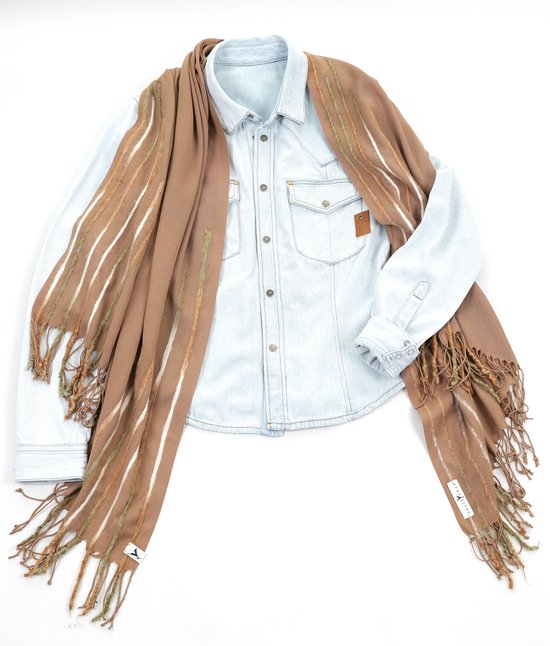 YELIZ YAKAR - Handmade - Luxe Dames pashmina sjaal met handgemaakte wol punch “Capra VI”- bruin, groen, beige- designer kleding - kerst sjaal- luxecadeau - kerstcadeau voor vrouwen