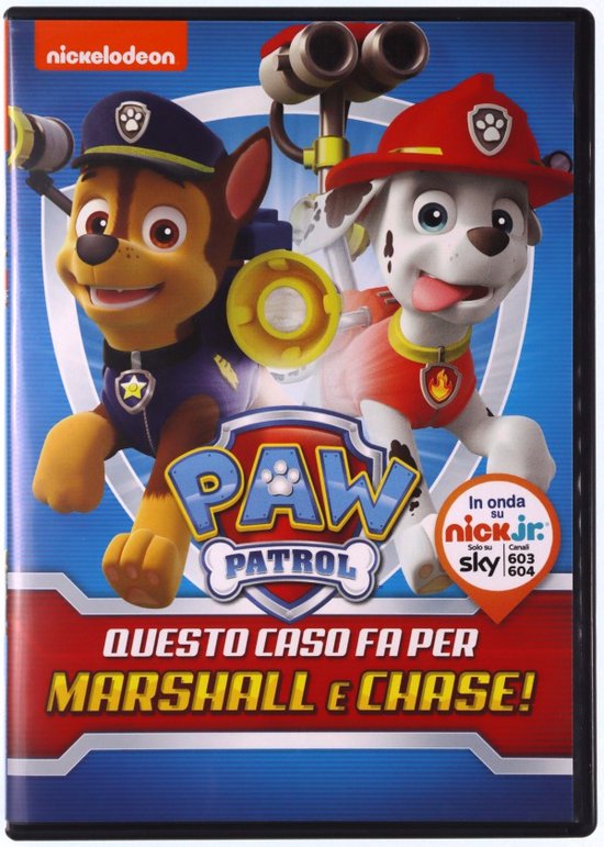 Nickelodeon Paw Patrol DVD met Chase in uniform en Marshall met brandweerhelm. "Questo caso fa per Marshall e Chase!"