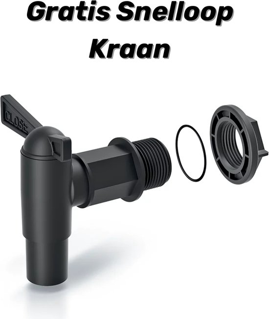 Zwarte kraan met 'CLOSE' tekst, rubberen ring en schroefdraad.