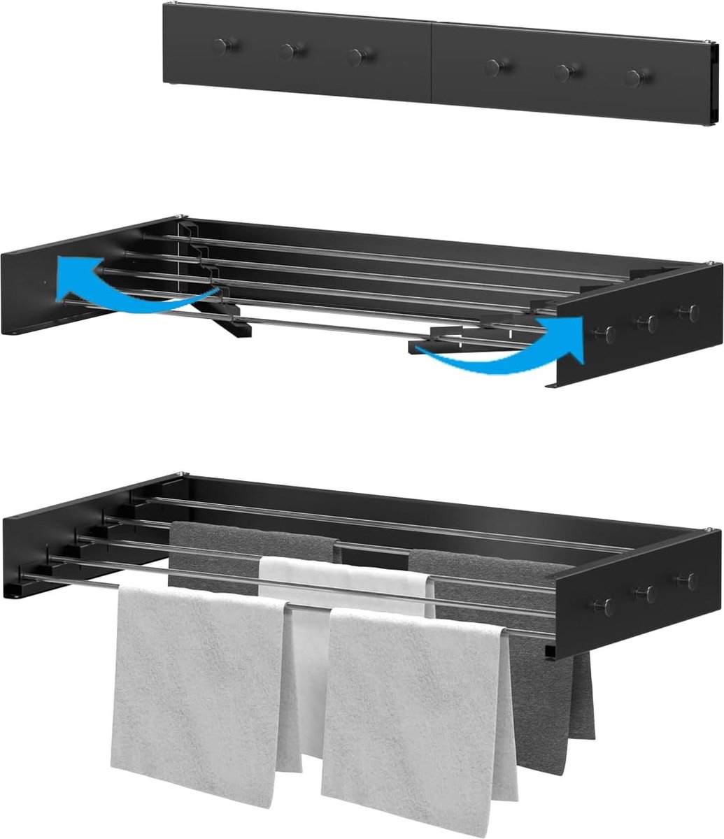 Goedkoopste Droogrek voor aan de wand uittrekbaar en kledinghaak 80 cm van hangwasdroger in klein, compact formaat, wasrek voor binnen en buiten, is uittrekbaar en zwart