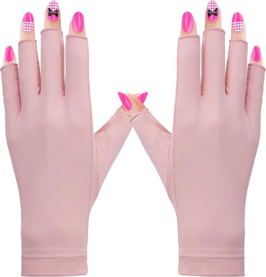 Anti-UV-handschoenen voor nagellamp, UPF50+ UV-beschermingshandschoenen voor manicure nagelkunst Vingerloze UV-schildhandschoenen voor dames meisjes gelmanicures (Roze)