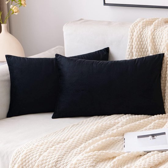 EMEMA Fluwelen kussenhoes, 40 x 40 cm, decoratieve kussenhoes voor de bank, zwart, kussenhoes voor in de rug, kussenhoes met verborgen ritssluiting voor bank en slaapkamer, set van 2