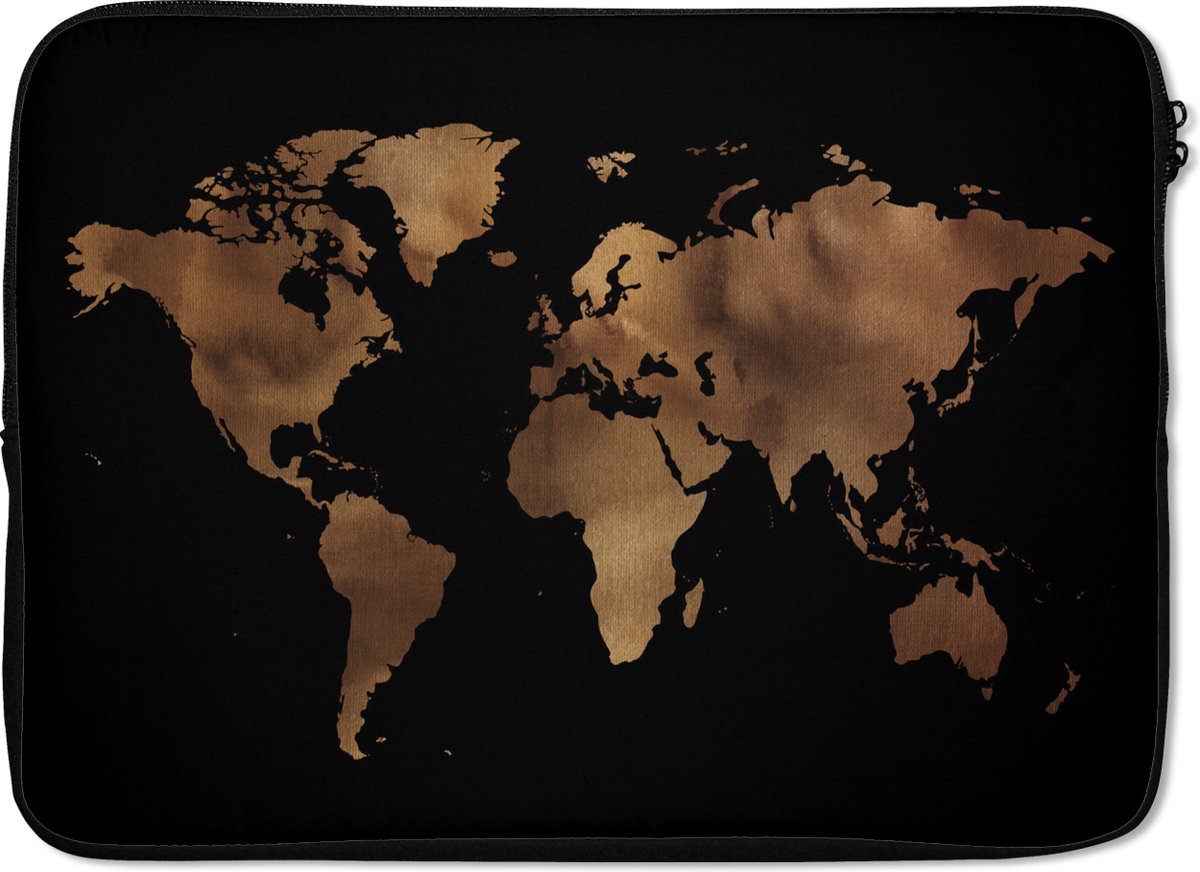Laptophoes 13 inch - Wereldkaart - Zwart - Brons - Laptop sleeve - Binnenmaat 32x22,5 cm - Zwarte achterkant