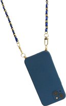 Telefoon hoesje met koord - Siliconen hoesje met koord blauw - blauw telefoon hoesje - blauw/goud koord - afneembare ketting - geschikt voor Iphone 13/14